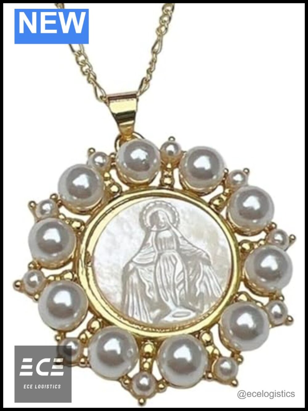 Mother of Pearl Virgin Mary Medal Necklace 18k Plated Faith Pendant Women